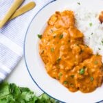 looking down on vegan butter chicken with rice, cilantro in background.