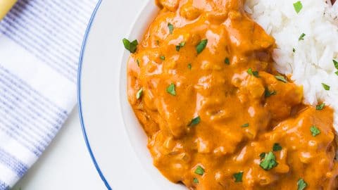 looking down on vegan butter chicken with rice, cilantro in background.