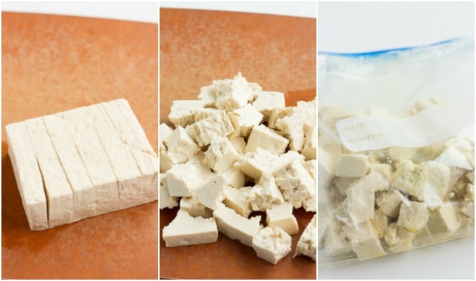 collage showing how to cut and rip tofu for vegan butter chicken.