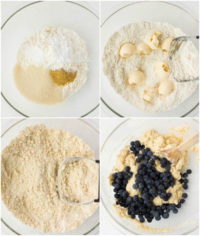 collage of making blueberry scones in a bowl