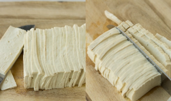 2 images of a knife slicing a brick of tofu into thin strips.