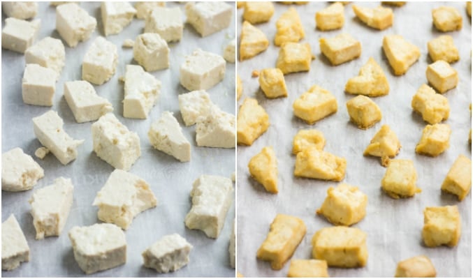 collage of baking tofu pieces, before and after on baking sheet.