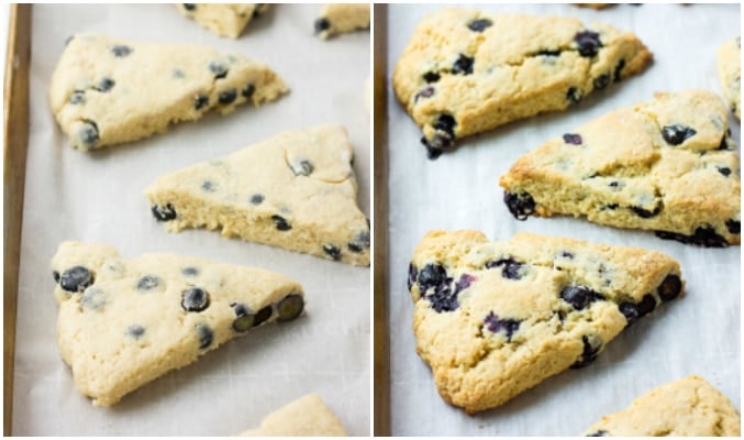 collage of uncooked and cooked blueberry scones