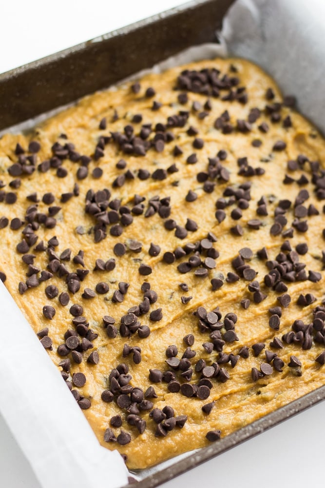 unbaked chickpea blondies in pan