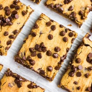 sideways angle looking down on several chickpea blondies