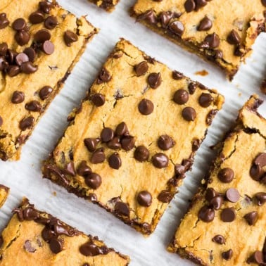 sideways angle looking down on several chickpea blondies