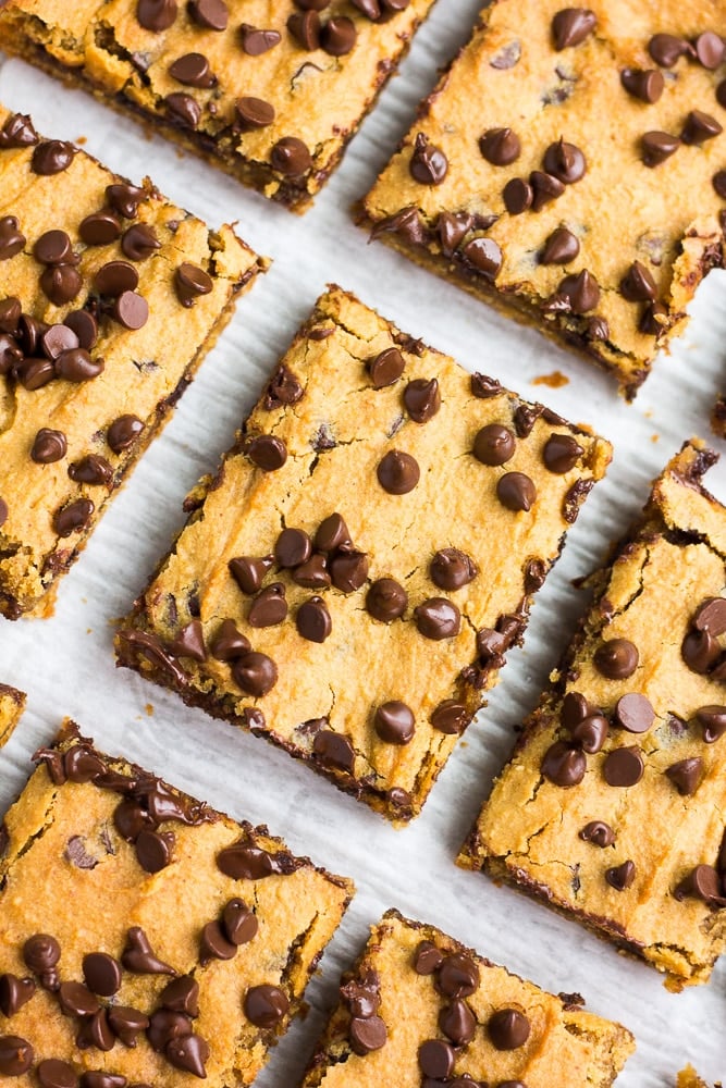 sideways angle looking down on several chickpea blondies