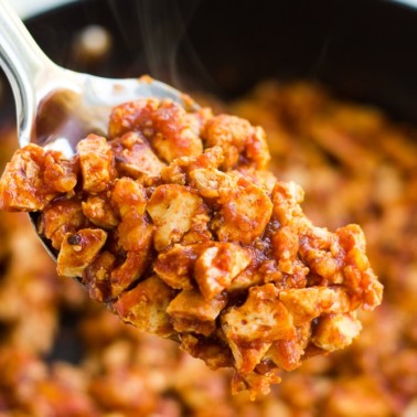 chipotle sofritas recipe on a large silver spoon.