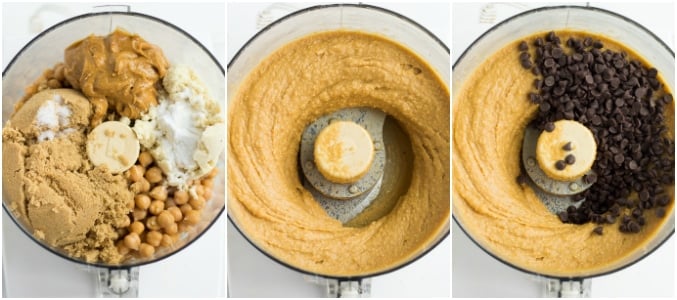 collage of making chickpea blondie dough in food processor