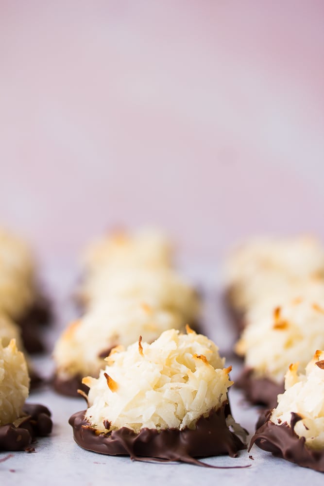 pink background with vegan coconut macaroons dipped in chocolate.