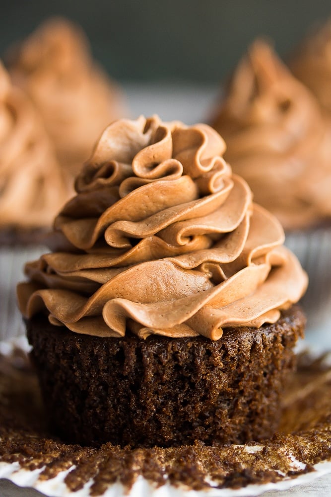 close up of a chocolate cupcake