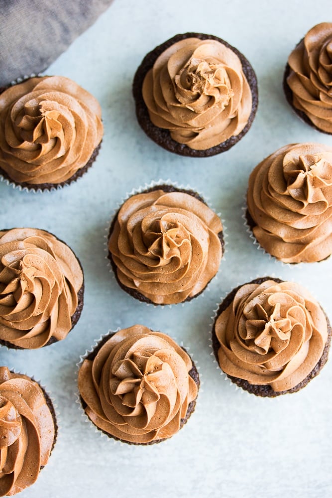 looking down on lots of chocolate cupcakes