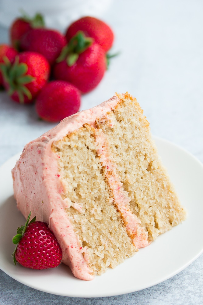 piece of vegan strawberry cake on white plate