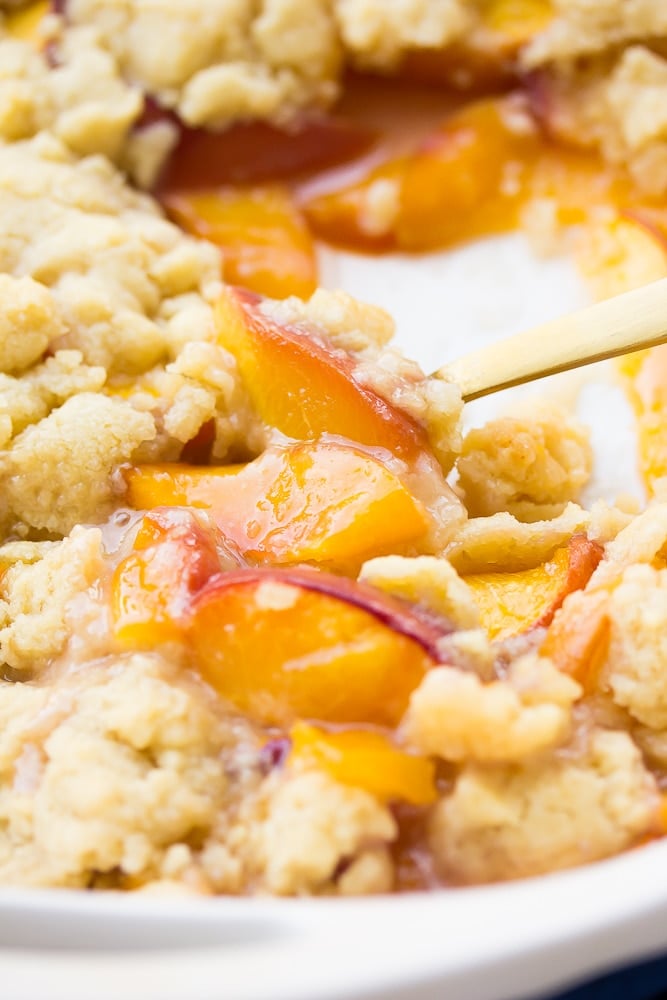 peach cobbler, cooked, with a gold spoon in casserole dish