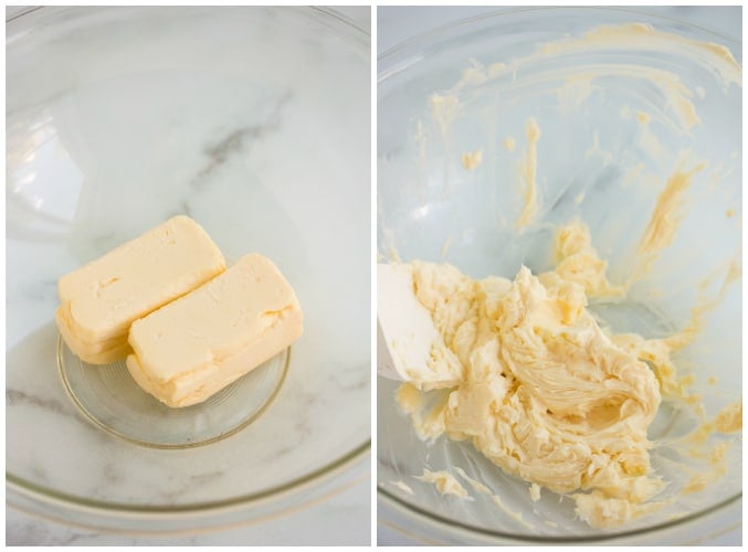 collage showing vegan butter sticks, then whipped butter in a bowl.