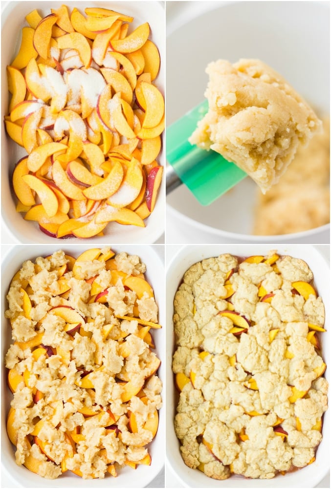 collage of how to put together vegan peach cobbler