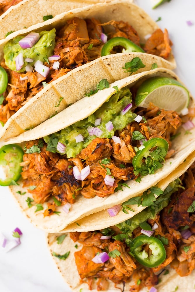 close up of vegan taco with carnitas in it