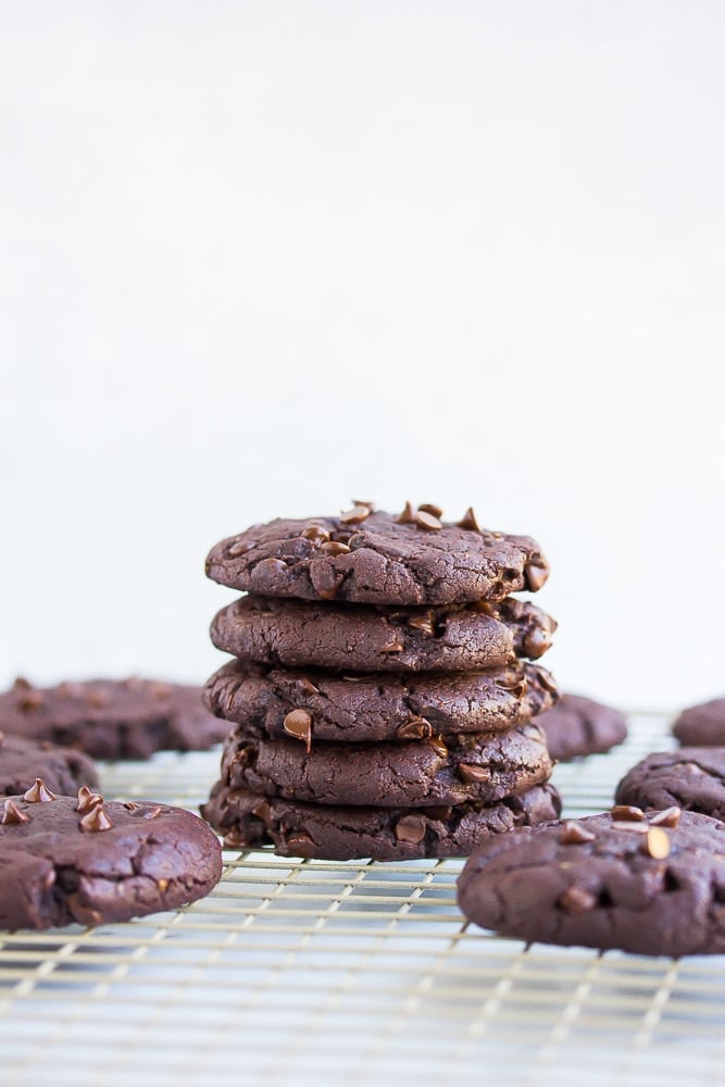 stack of vegan chocolate cookies with white background