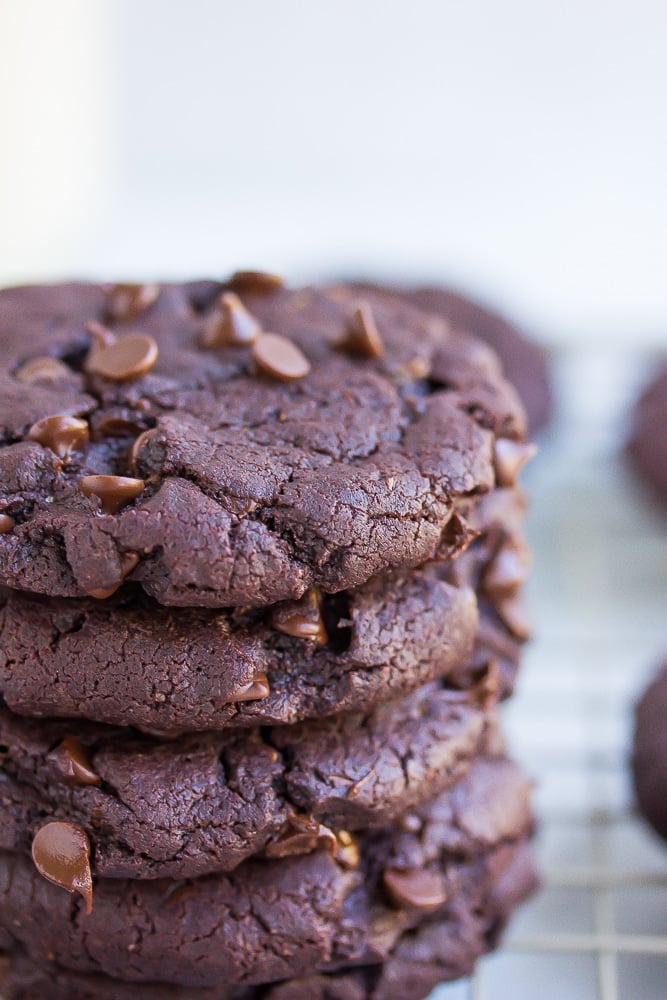 close up of the side of a vegan chocolate cookie stack