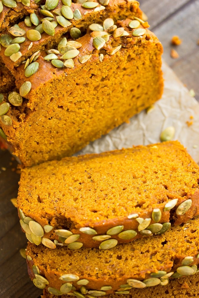 looking down on sliced vegan pumpkin bread