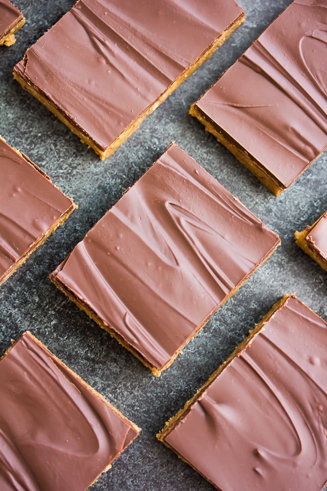 from the top shot of vegan chocolate peanut butter bars lined up