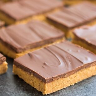 side shot of chocolate peanut butter bars lined up