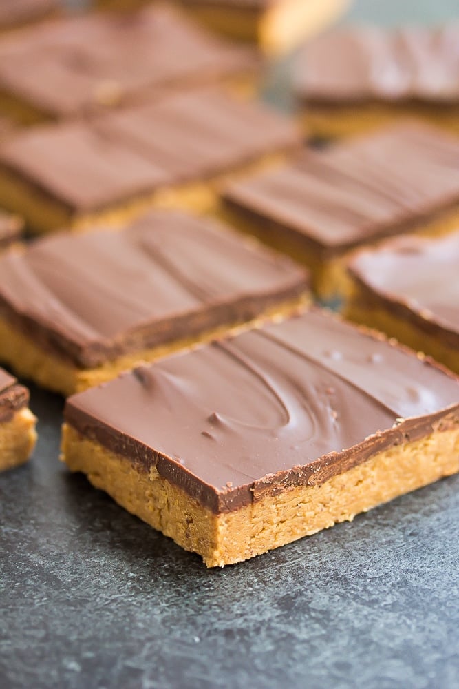 side shot of chocolate peanut butter bars lined up