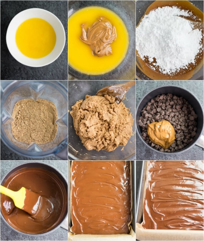 collage of how to make vegan chocolate peanut butter bars