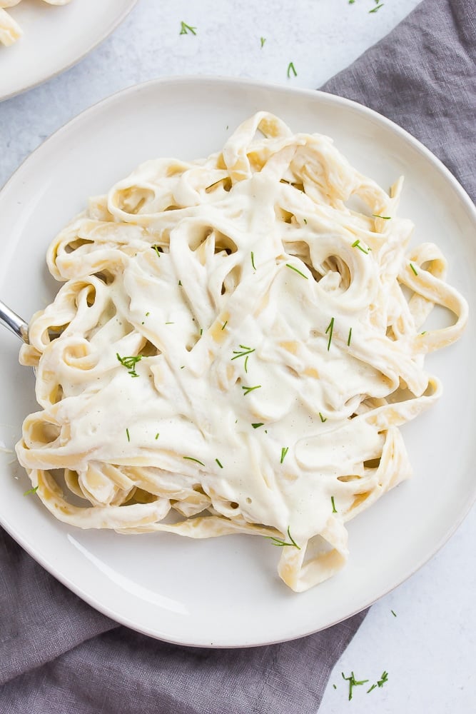 looking down on a plate of vegan alfredo