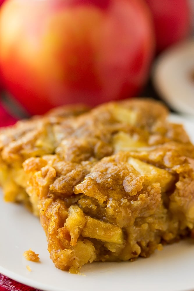 very close up of apple cake with apple in background