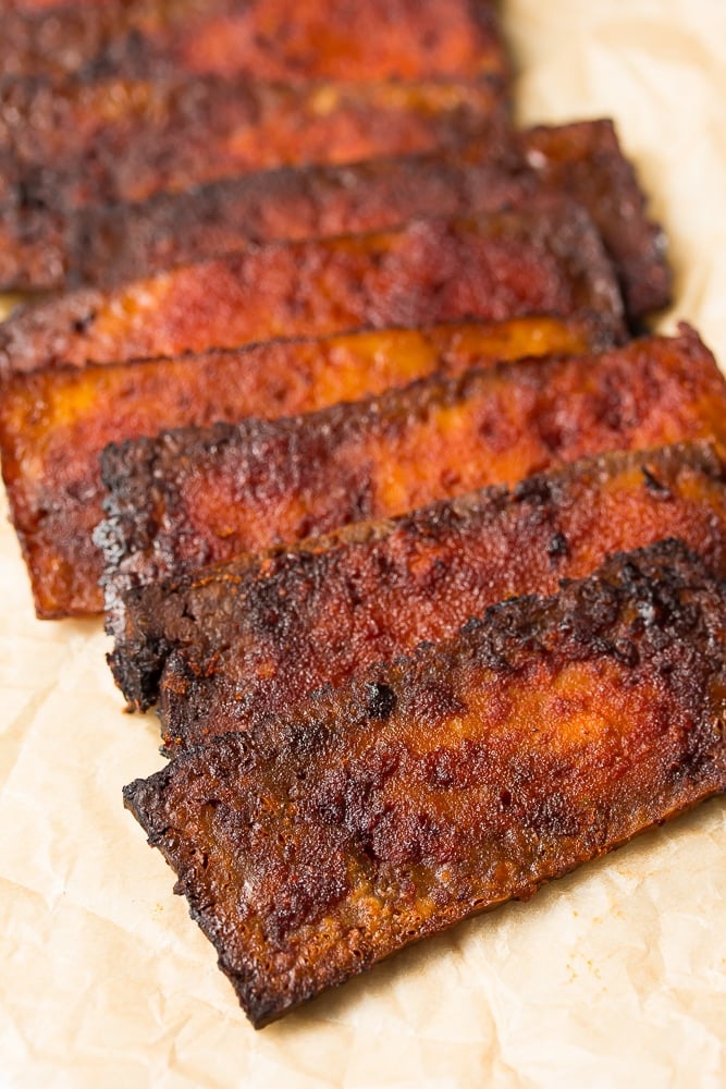 tofu bacon in a row