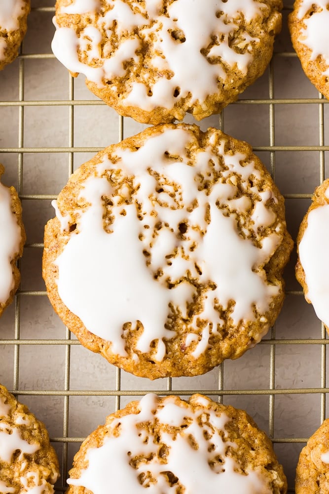 close up of vegan oatmeal cookie on a cooling rack