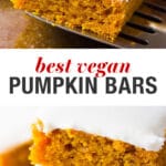 Pinterst collage for vegan pumpkin cake bars recipe.