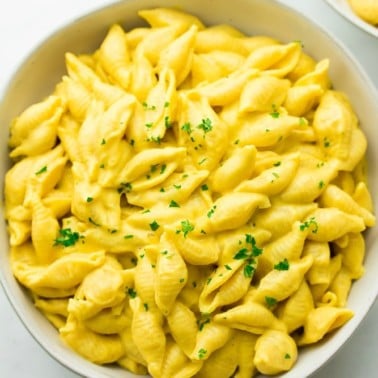 square image of mac and cheese shells