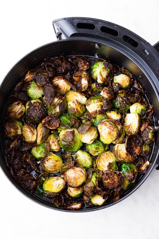 brussels sprouts once cooked and crispy in air fryer basket