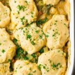 looking down on casserole dish of vegan pot pie