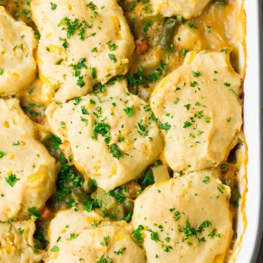 looking down on casserole dish of vegan pot pie