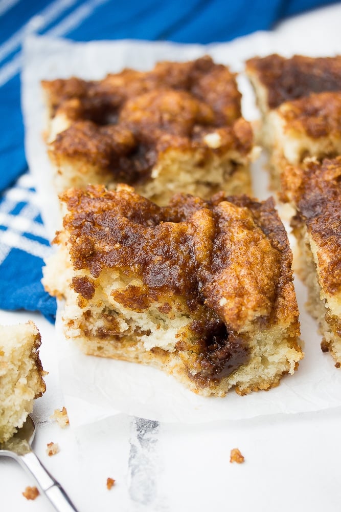 a piece of vegan coffee cake with a bite taken out