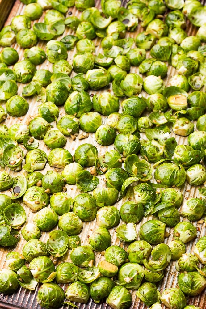 brussels sprouts on a pan before being cooked