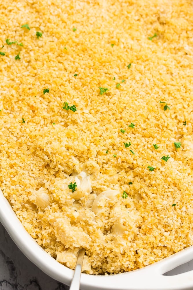 casserole dish with baked mac and cheese, cooked