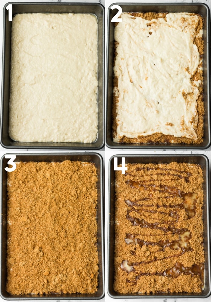 collage of how to layer coffee cake before baking