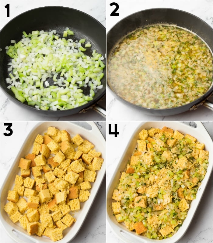 collage of how to make cornbread stuffing