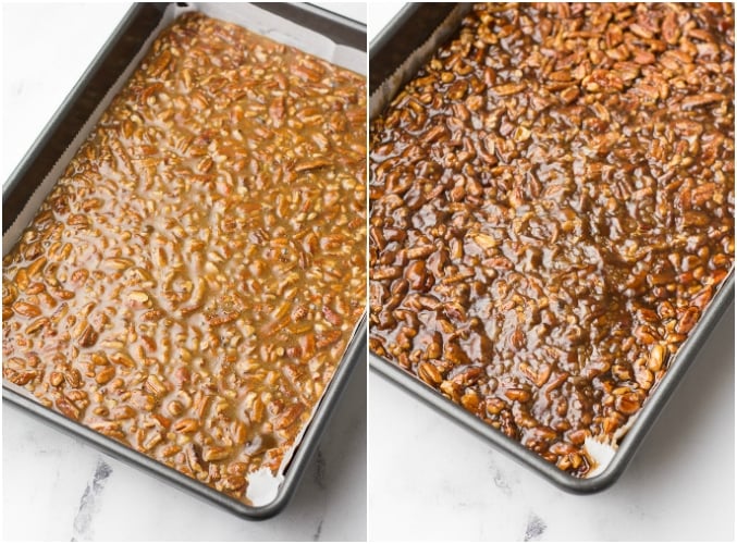 vegan pecan bars before and after baking