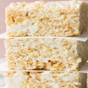 very close of shot of rice krispie treats and pink background