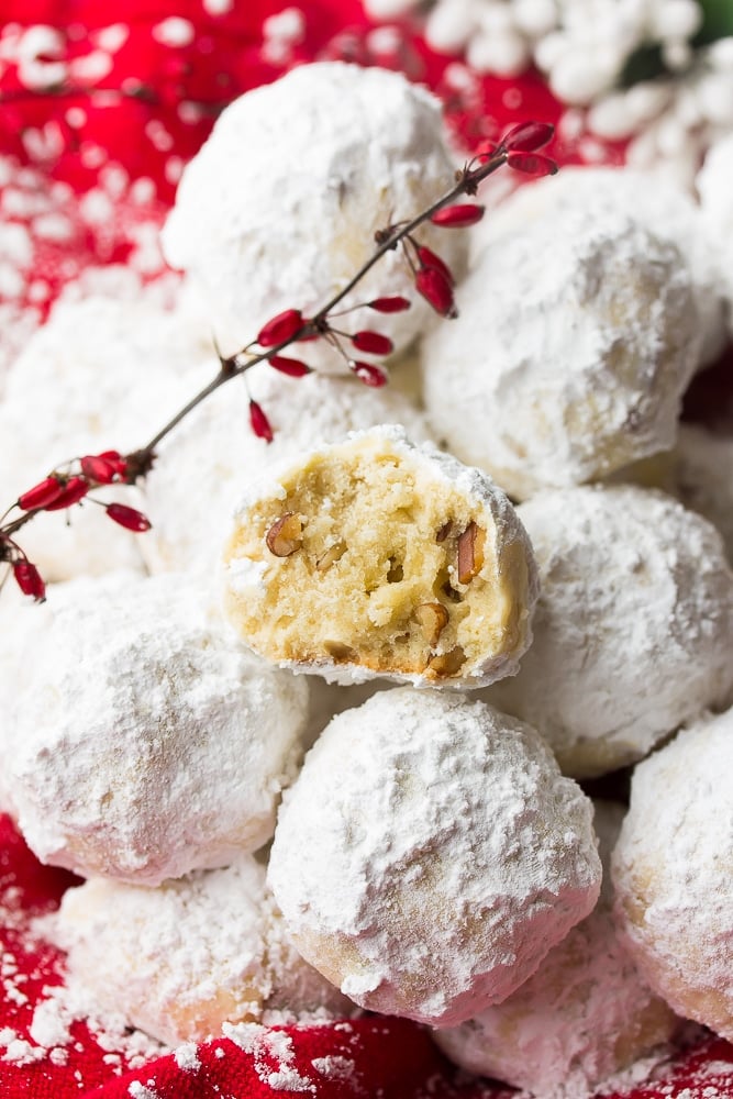 showing inside of a snowball cookie with pecans