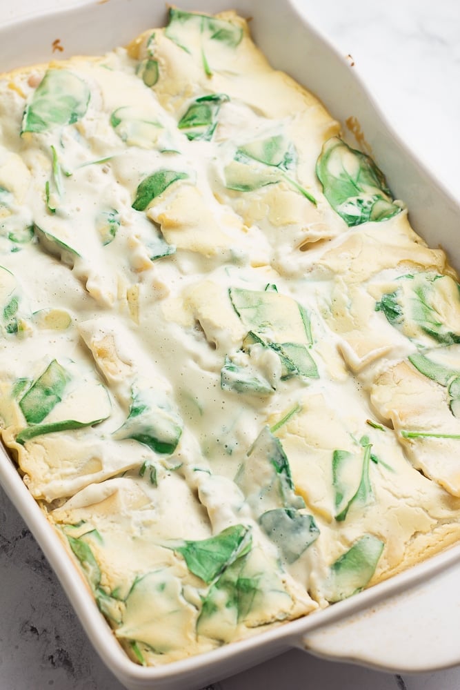 whole vegan white lasagna in pan