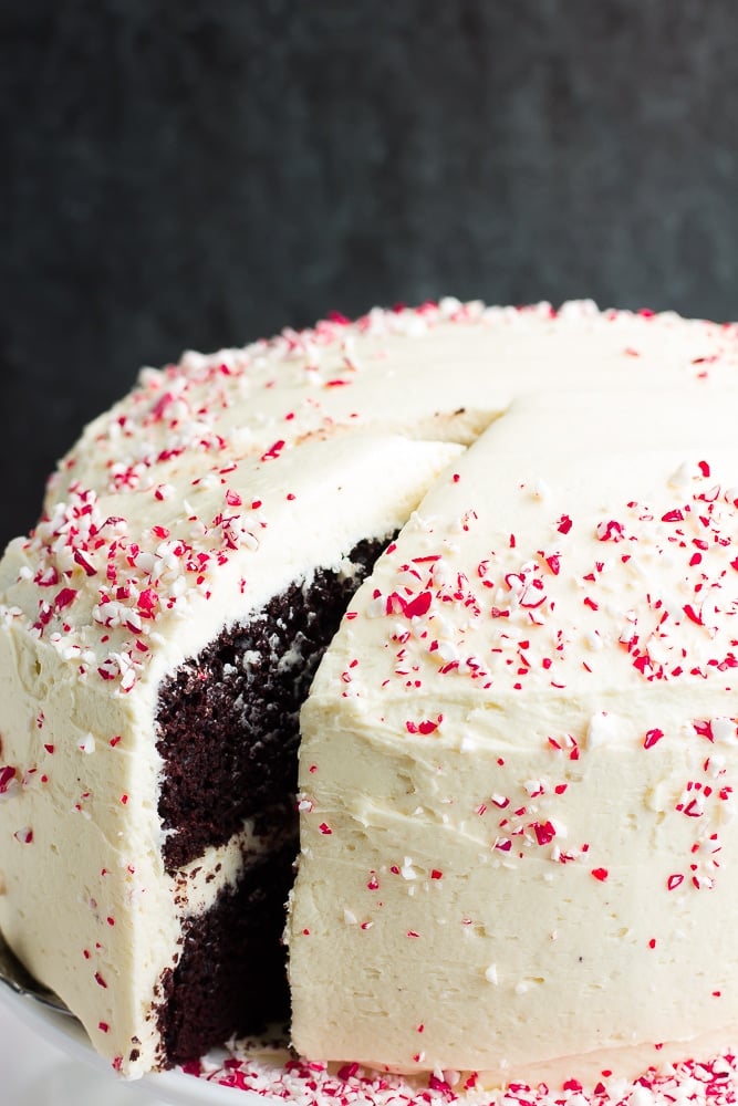 whole peppermint mocha cake with a slice being removed