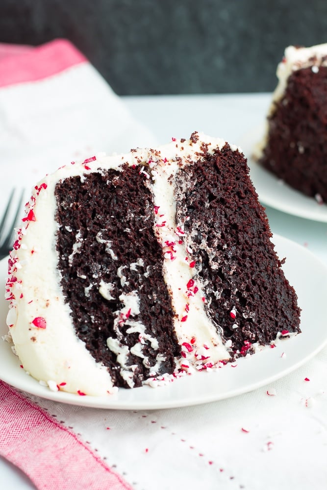 piece of cake on a white plate with crushed candy canes