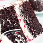 close up slice of cake with fork taking a bite