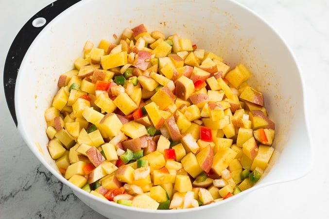 bowl of diced potatoes and peppers